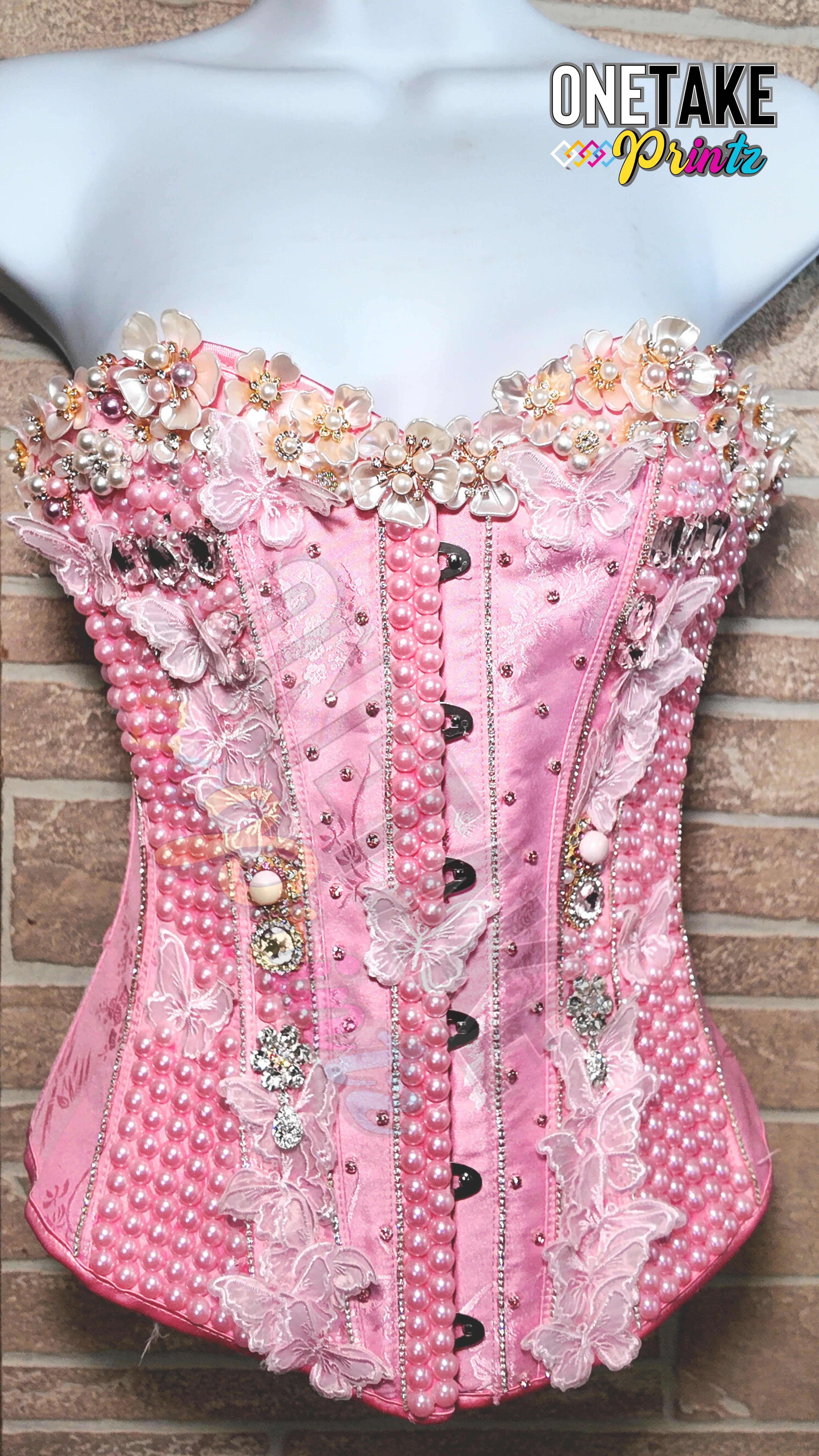 Personalized Handmade Custom Pink Corset W/ Pearls & Rhinestones