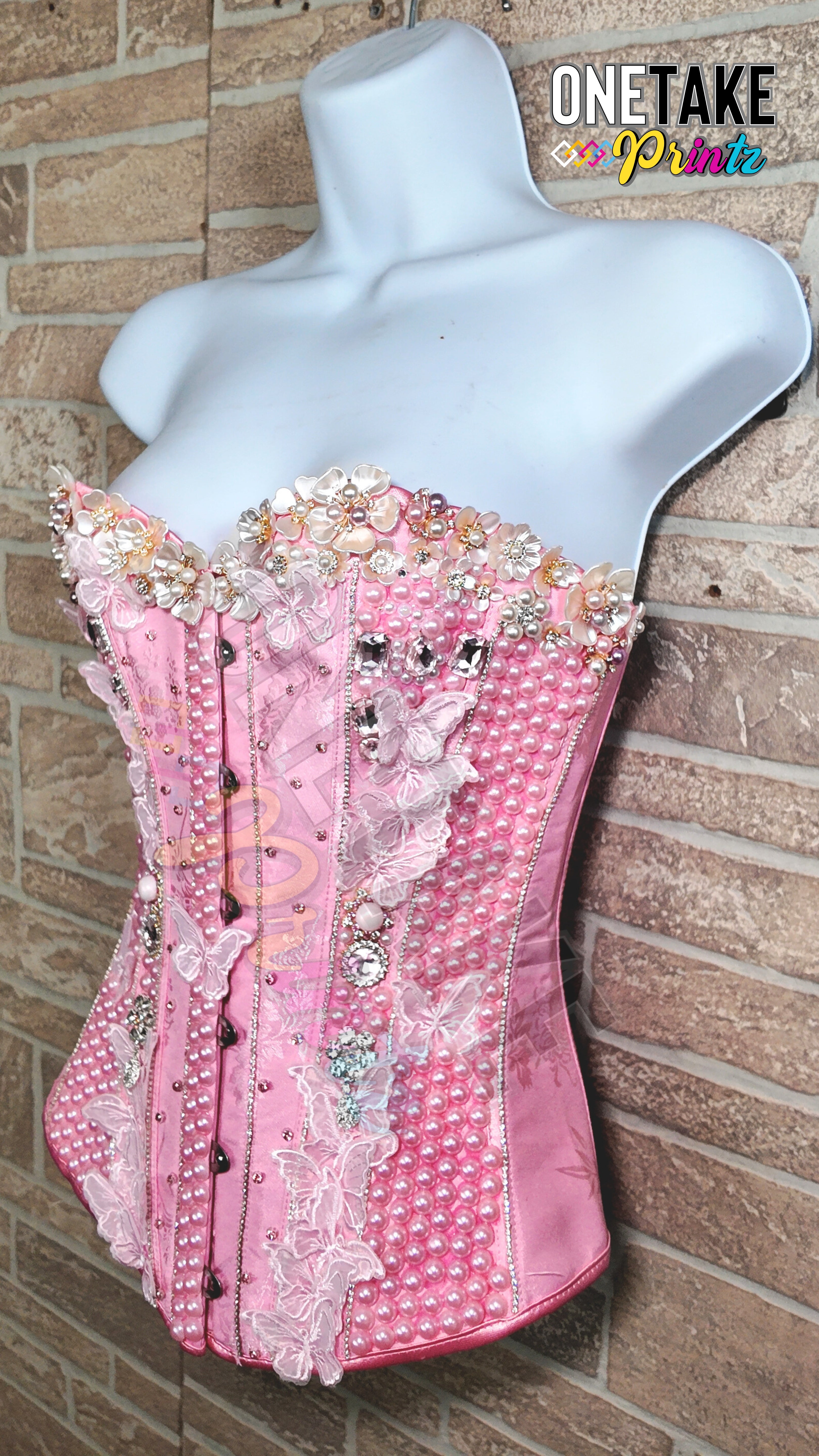 Personalized Handmade Custom Pink Corset W/ Pearls & Rhinestones