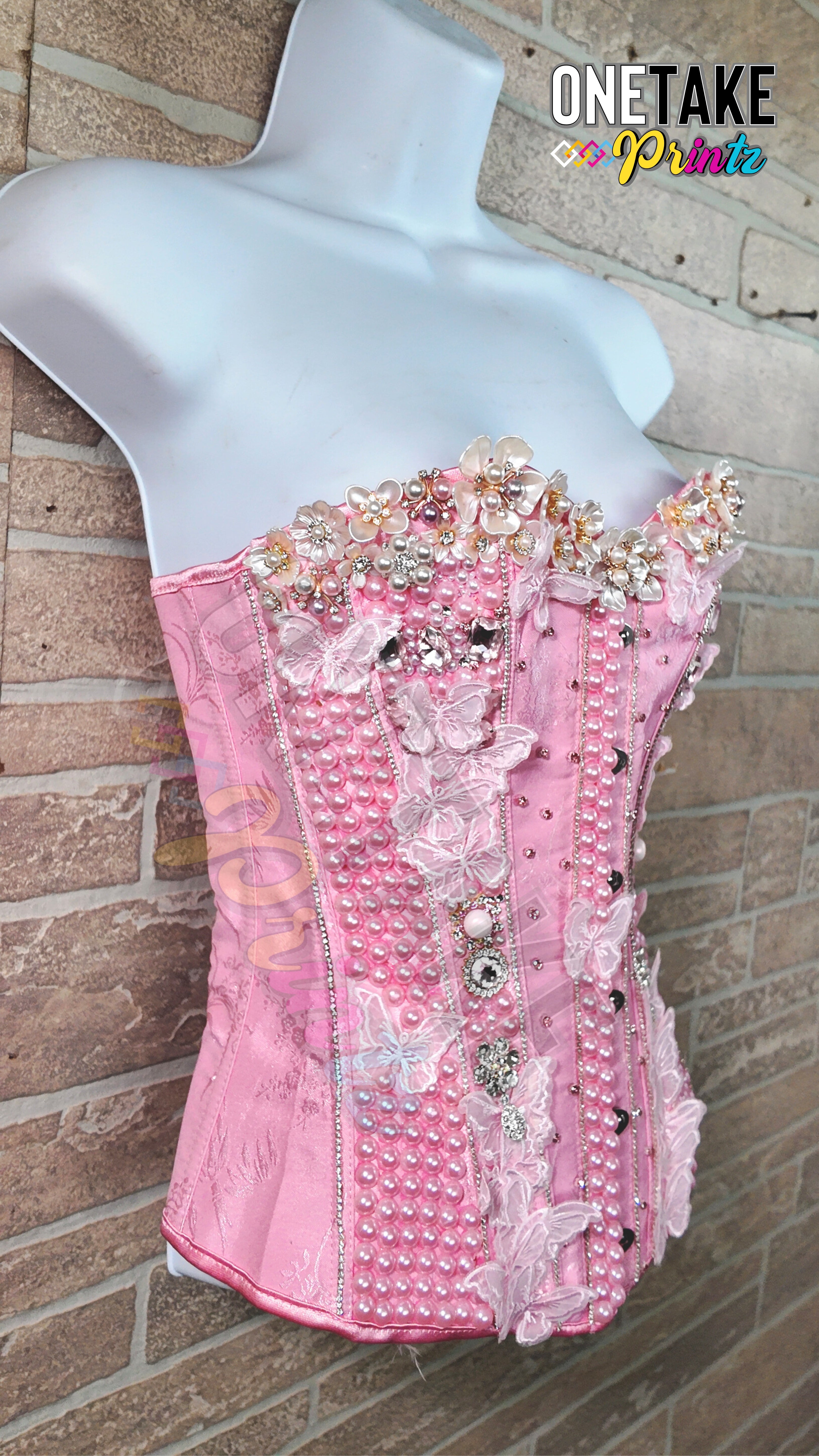 Personalized Handmade Custom Pink Corset W/ Pearls & Rhinestones