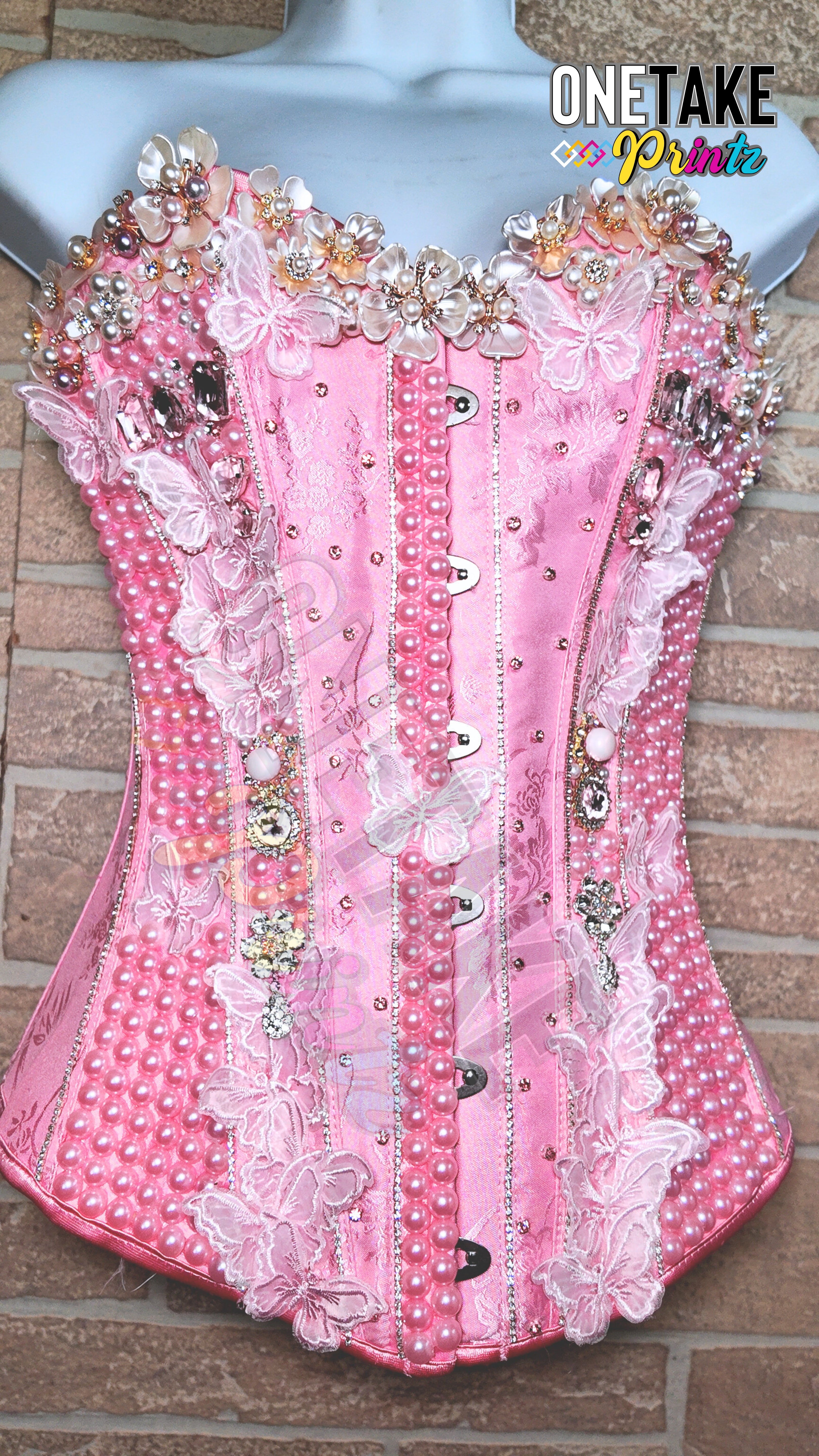 Personalized Handmade Custom Pink Corset W/ Pearls & Rhinestones