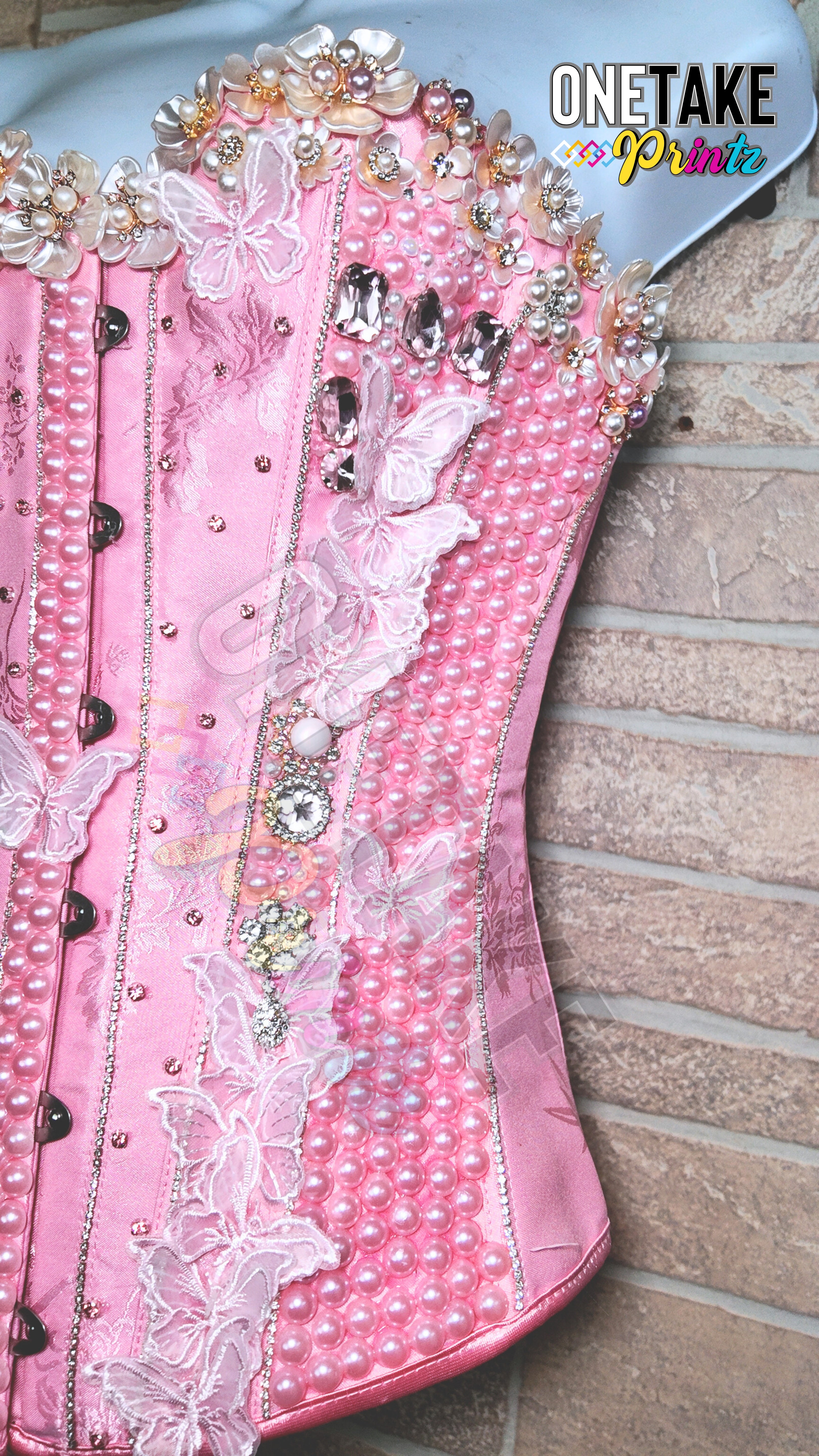 Personalized Handmade Custom Pink Corset W/ Pearls & Rhinestones