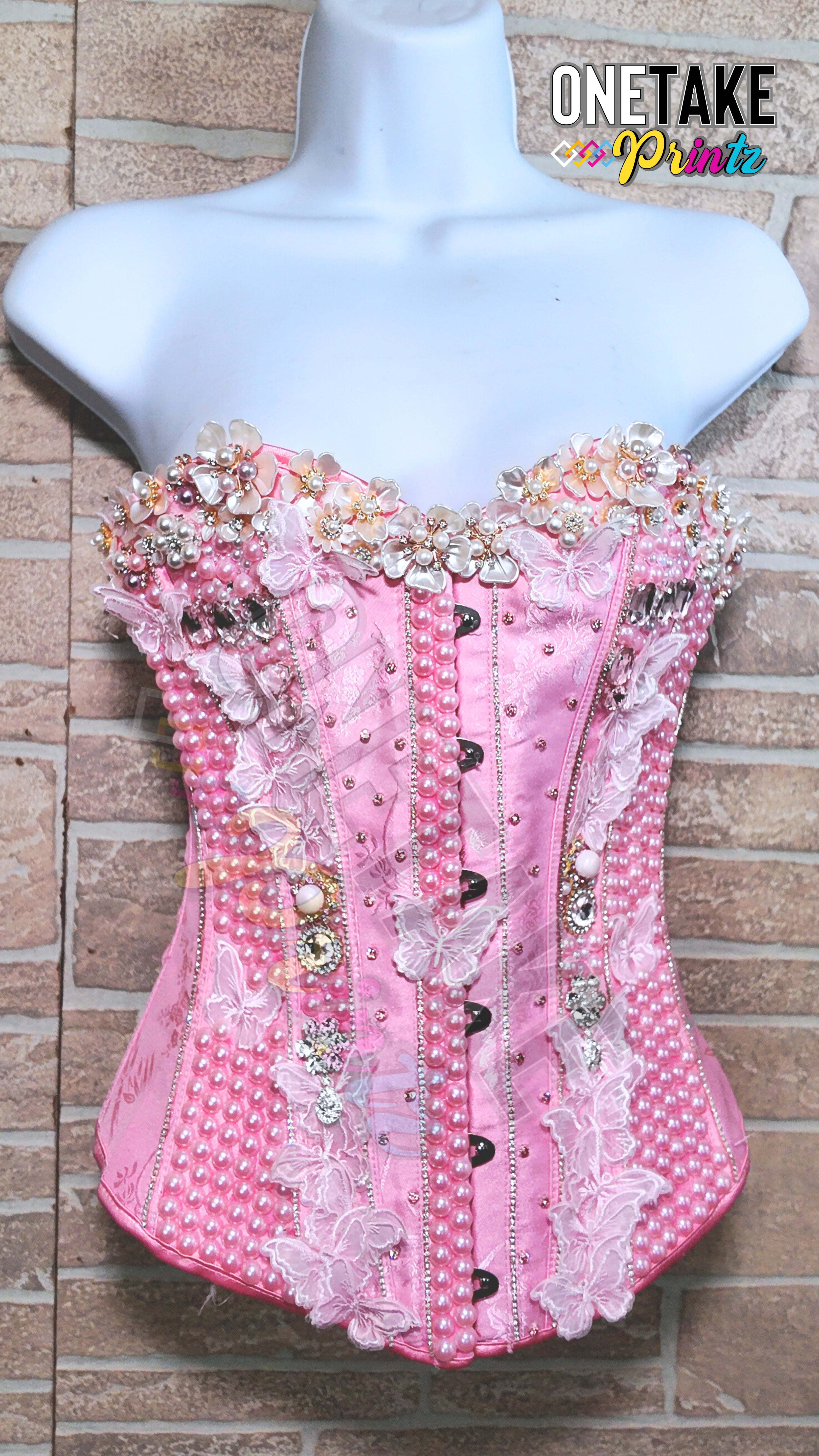 Personalized Handmade Custom Pink Corset W/ Pearls & Rhinestones