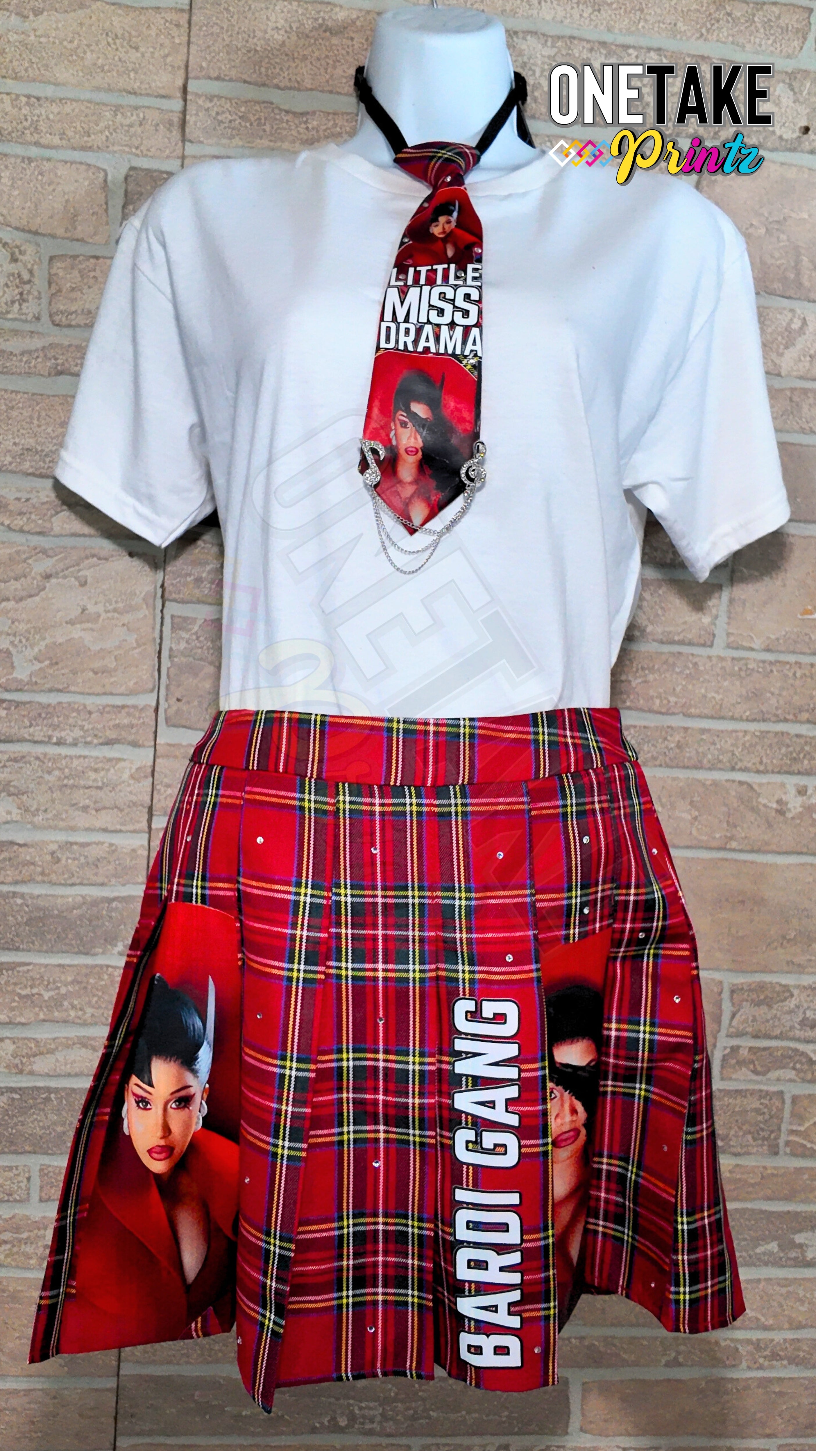 Cardi B Little Miss Drama Tour Red Plaid Skirt, & Tie Set