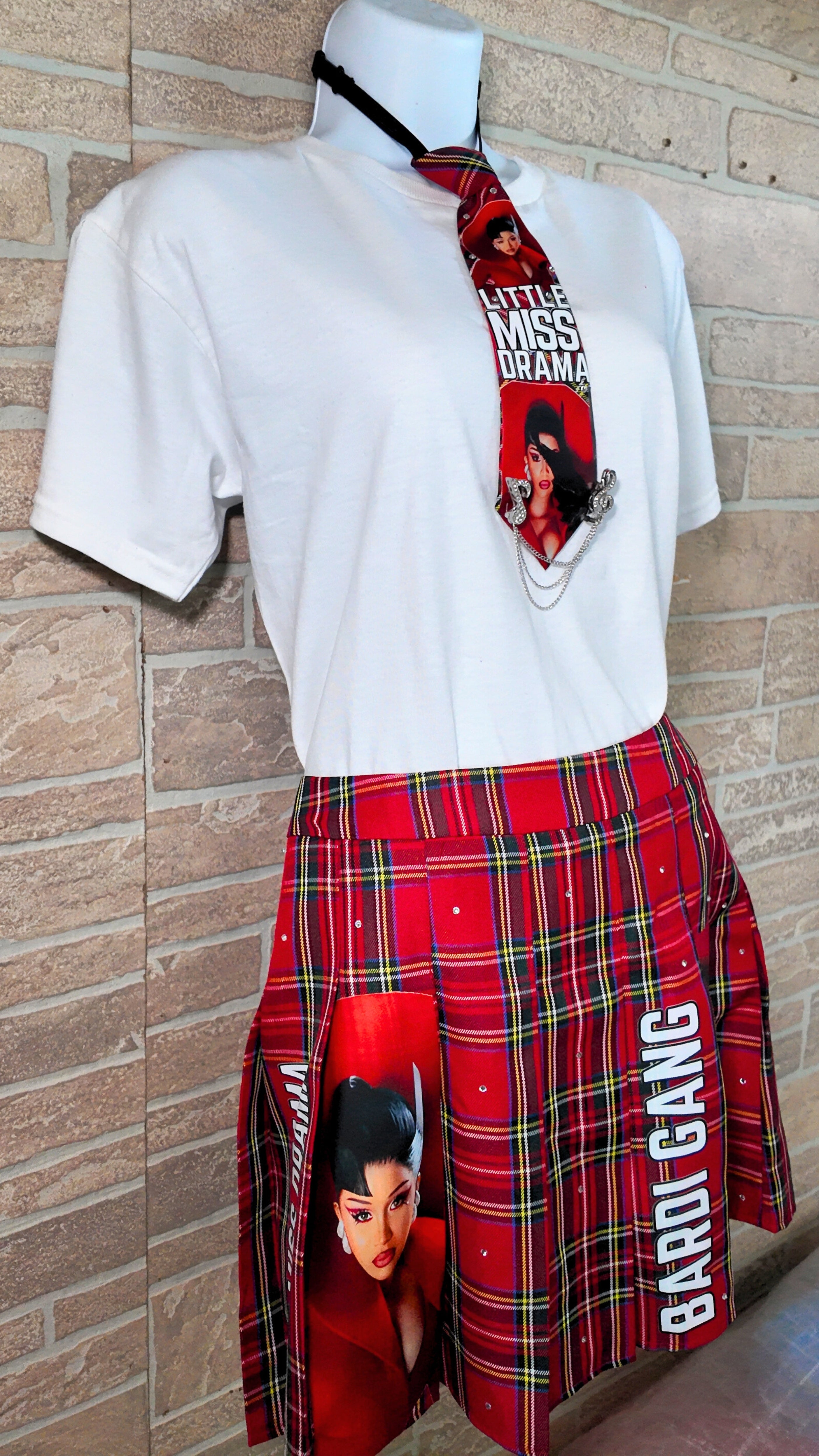 Cardi B Little Miss Drama Tour Red Plaid Skirt, & Tie Set