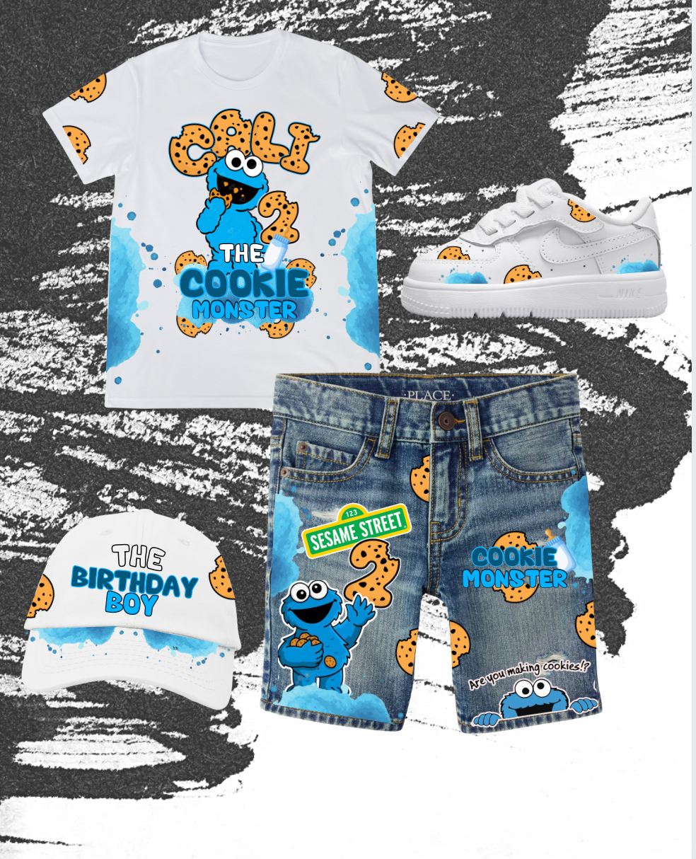 Kids Cookie Monster Birthday Outfit Set , Cookie Monster, Birthday Outfit, Custom Hat, Custom Shoes ZW